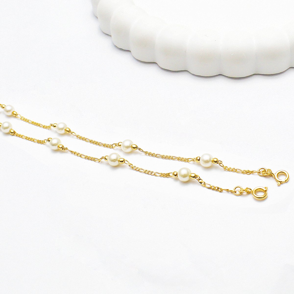 Pulseira 18cm Elo 3x1 4 Perolas 6mm 8 Bolinhas 2mm