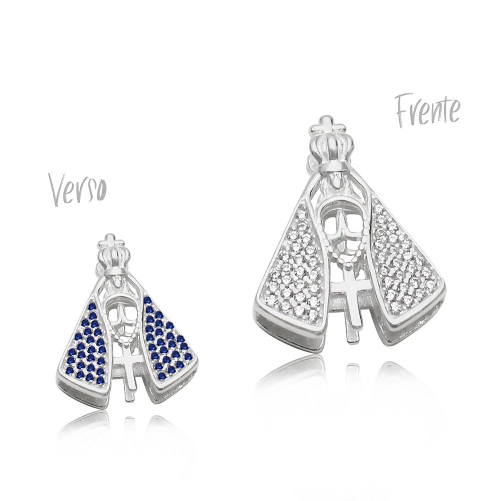 Pingente Prata Ns Aparecida Cravejada Frente Cristal Verso Safira