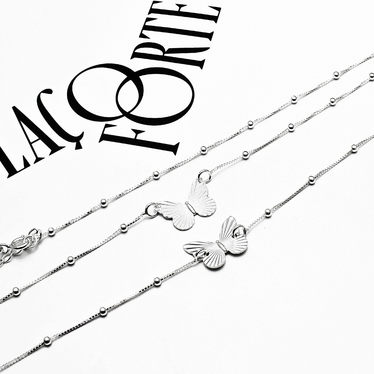 Pulseira Prata 16+4cm Borboleta 15mm E Corrente Bolinha