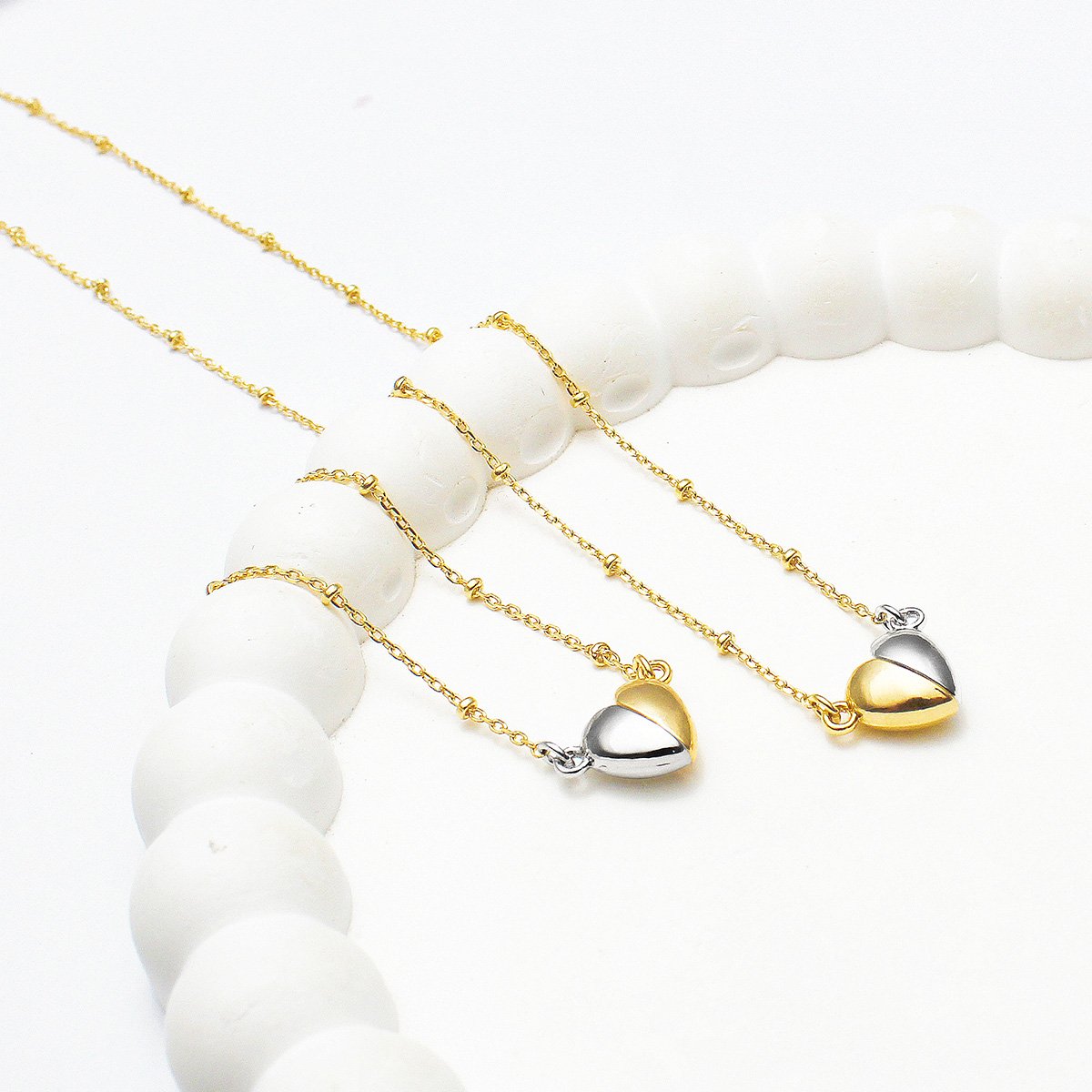 Pulseira 2 Ouros 16cm Cadeado Mini C/ Bolinhas E Coração Metade Imã