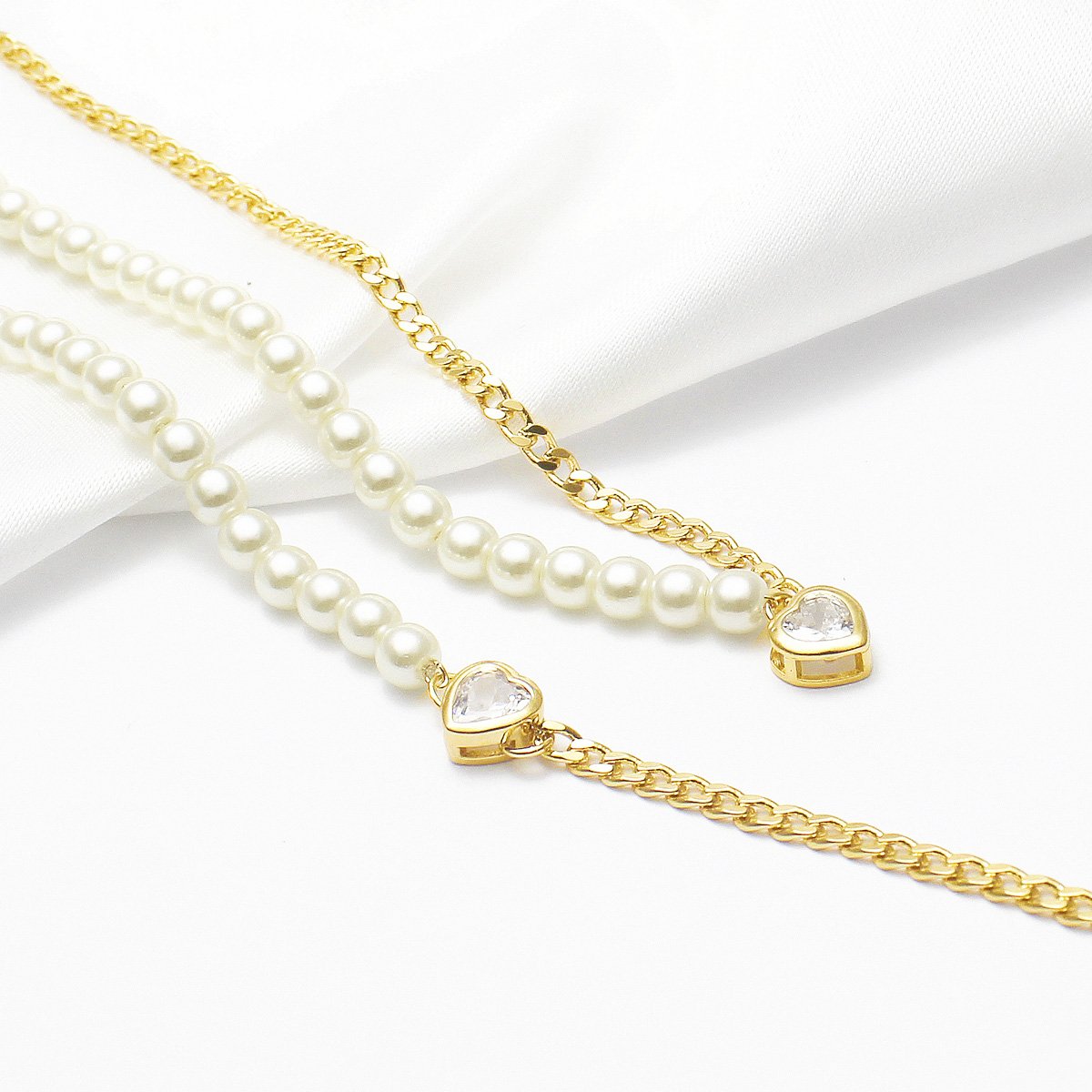 Pulseira 16+4cm Grume Perolas E Coração Zirconia
