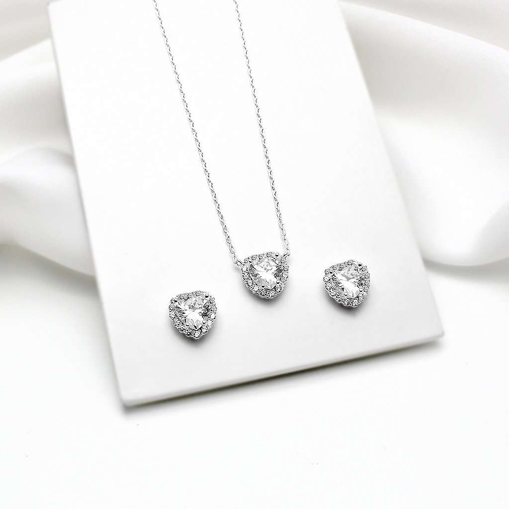 Conjunto Prata Coraçao Cristal Cravejado C/ Borda Cristal