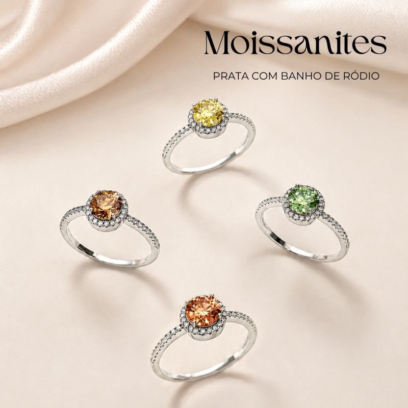 Anel Prata Banhado A Ródio Metade Cravejado C/ Moissanite 6mm Morganite