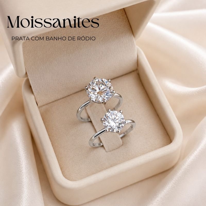 Anel Prata Banhado A Ródio Solitario Moissanite 10mm