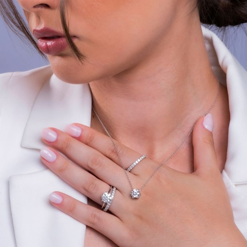 Anel Prata Banhado A Ródio Solitario Moissanite 8mm