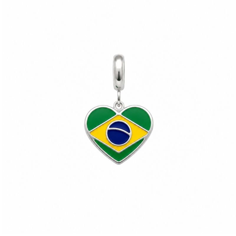 Berloque Bandeira Do Brasil Prata Coração