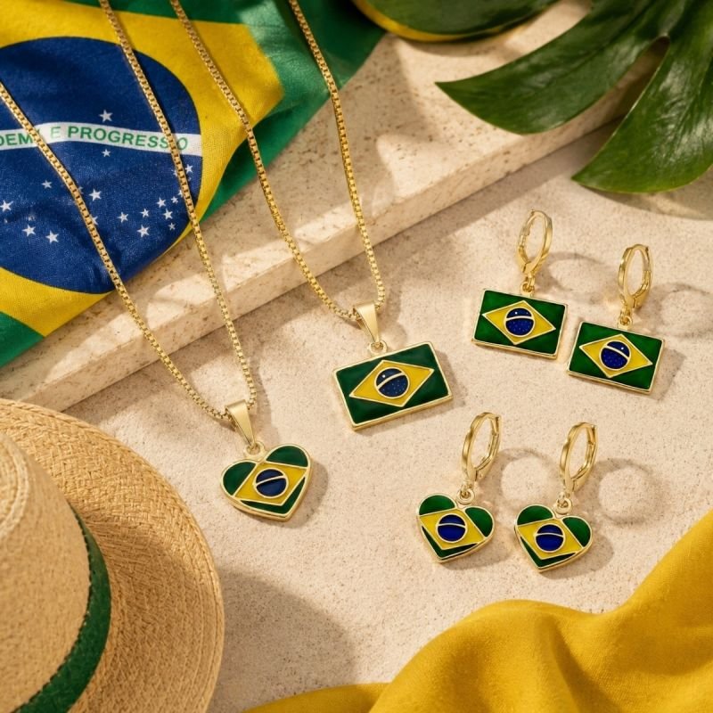 Brinco Argola Coração Bandeira Brasil Resinado