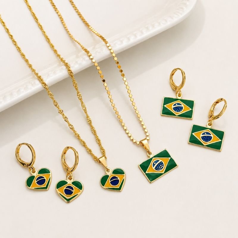 Brinco Argola Coração Bandeira Brasil Resinado