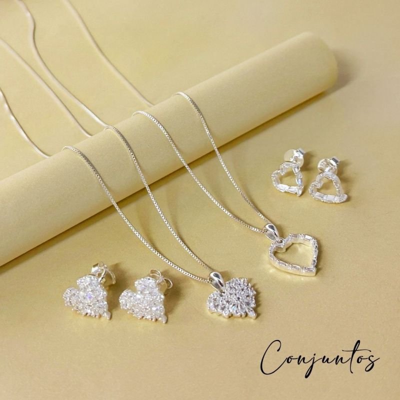Conjunto Prata Coração Cravejado Baguetes Cristal