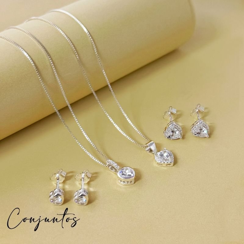 Conjunto Prata Coraçao Cristal C/ Borda Cravejada Cristal