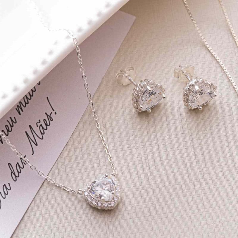 Conjunto Prata Coraçao Cristal Cravejado C/ Borda Cristal