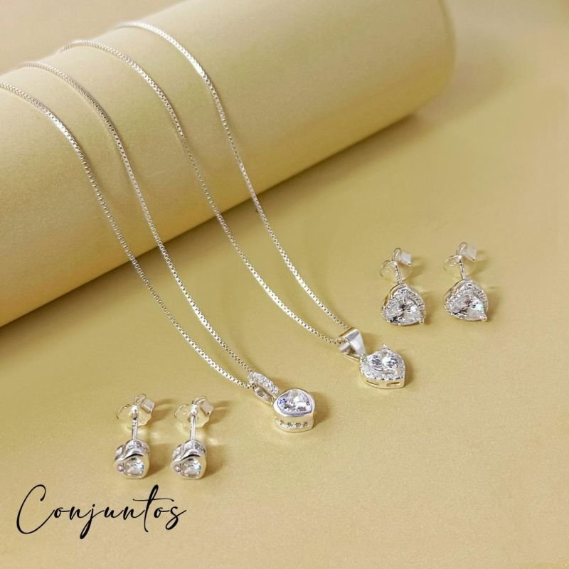 Conjunto Prata Coraçao Inglesa C/ Borda Galeria Cravejada