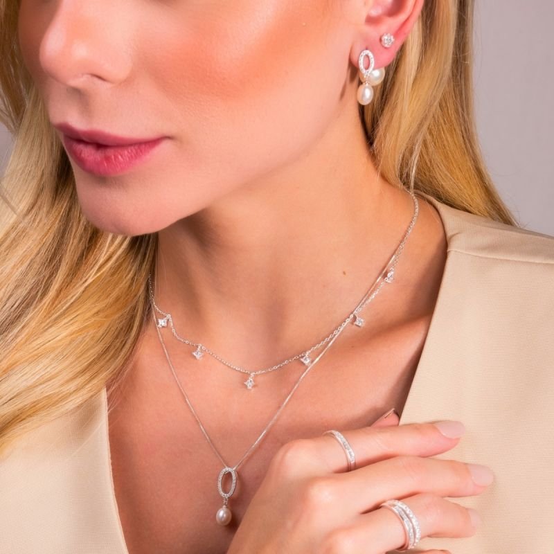 Conjunto Prata Oval Cravejado Com Perola Gota