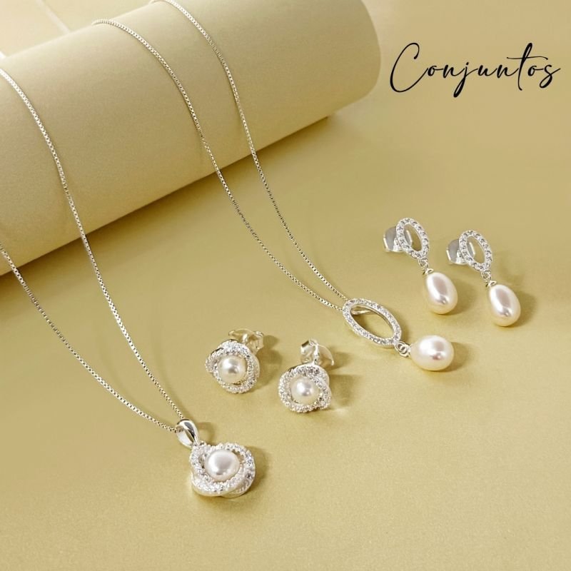 Conjunto Prata Perola Entrelaçada C/ Fileiras Cravejadas Cristal