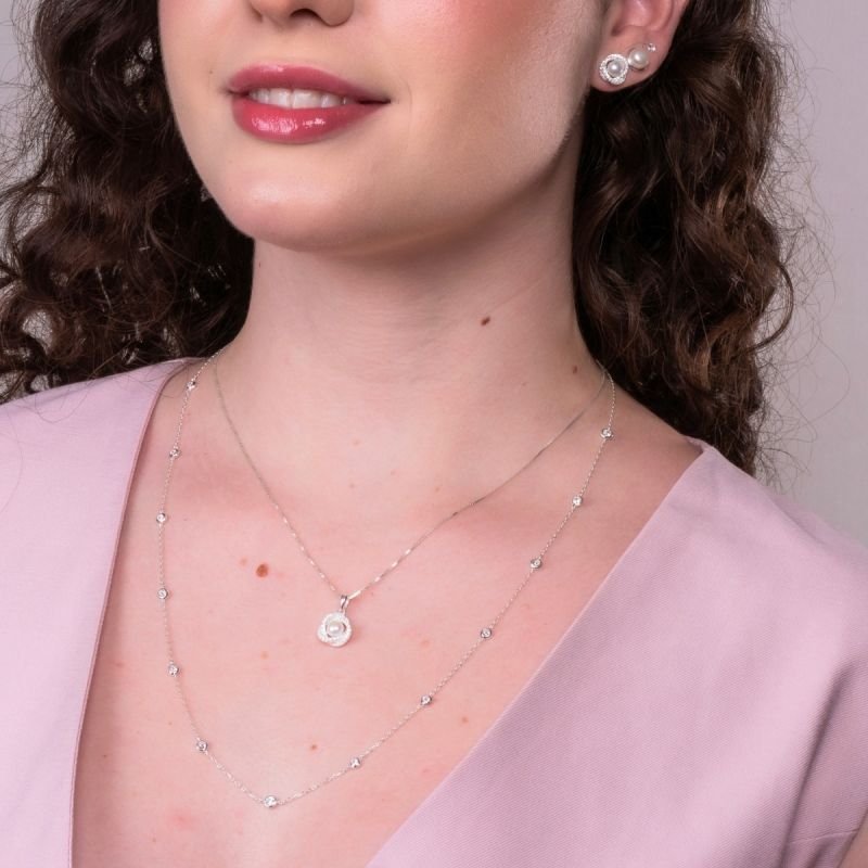 Conjunto Prata Perola Entrelaçada C/ Fileiras Cravejadas Cristal