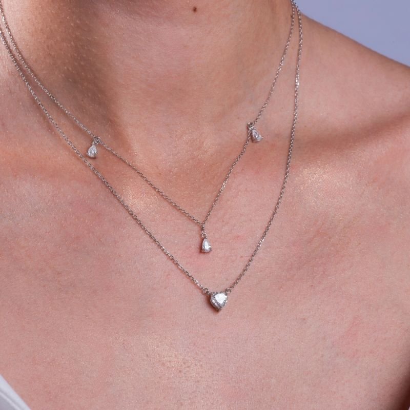 Gargantilha Prata C/ Banho De Ródio 40+5cm Elo Mini C/ 3 Gotas Moissanite