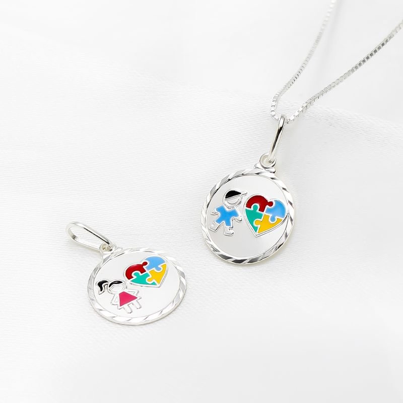 Pingente Prata 990 Redondo 15mm Menina E Simbolo Autismo