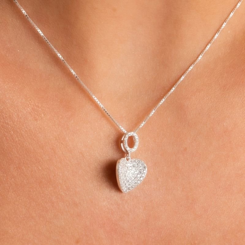 Pingente Prata Base Oval Cravejado C/ Coração Abaulado Cravejado
