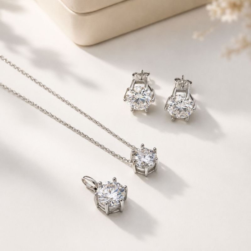 Pingente Prata C/ Banho De Ródio Ponto De Luz Redondo Moissanite 8mm