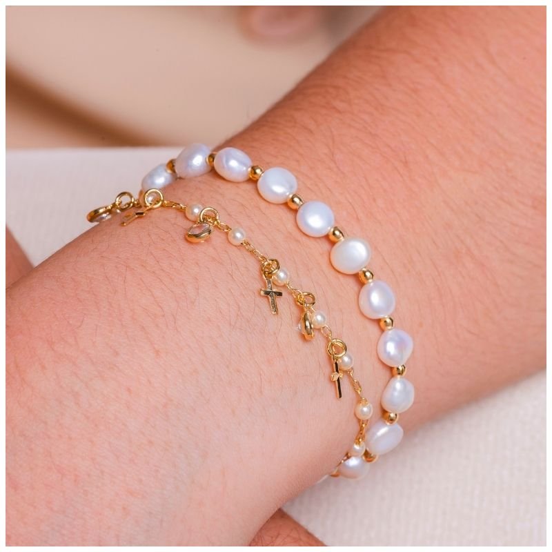 Pulseira 16+4cm Corrente Perola 3mm C/ Ponto De Luz/ Cruz 6mm No Centro