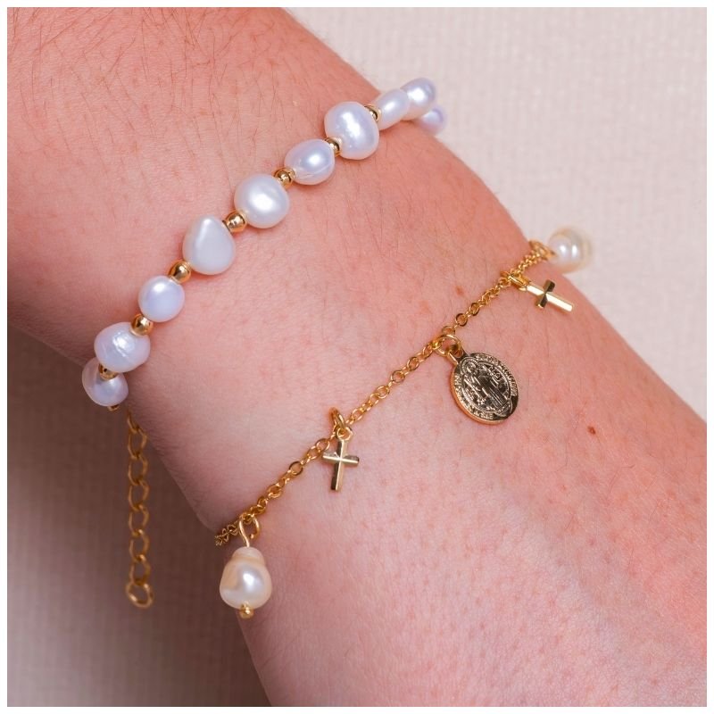 Pulseira 16+4cm Elo Portugues Cravejado C/ N.s Das Graças Cruz 6mm