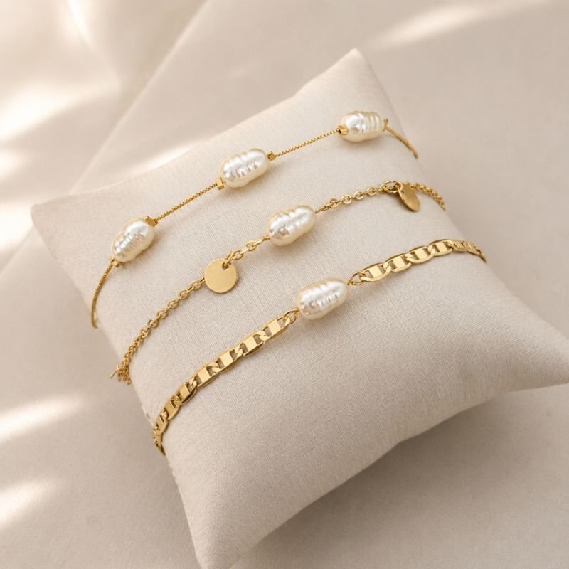 Pulseira 16+4cm Palito Lisa C/ Perola Arroz Detalhada
