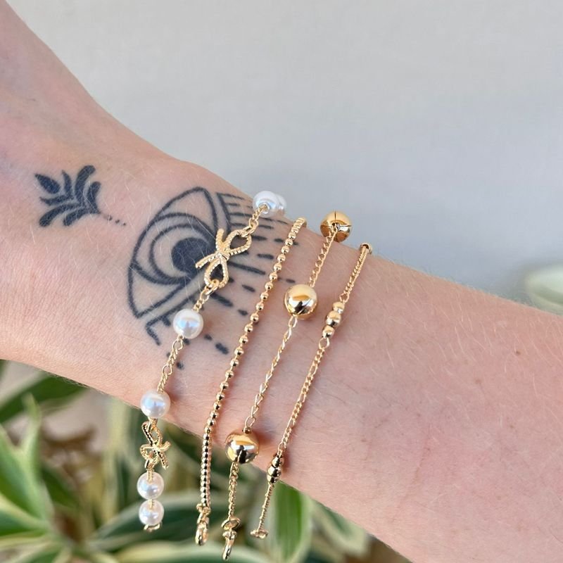 Pulseira 18cm Elo 3x1 8 Bolas 2mm E 4 Bolas 3mm