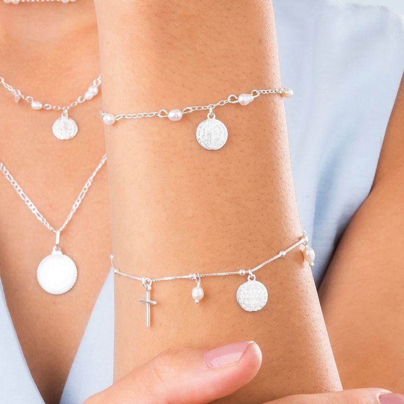 Pulseira Prata 16+4cm Perola Pão Zirconia E São Bento 10mm