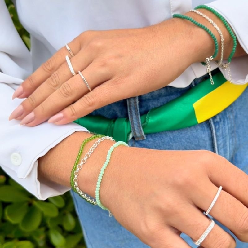 Pulseira Prata 18+2cm C/ Pedra Vidro Verde 3mm