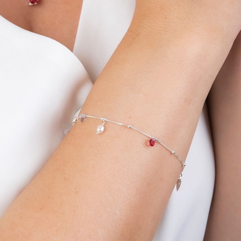 Pulseira Prata 18cm Venez. Bolinha Coração Perola Arroz Pedra Pink E Ametista