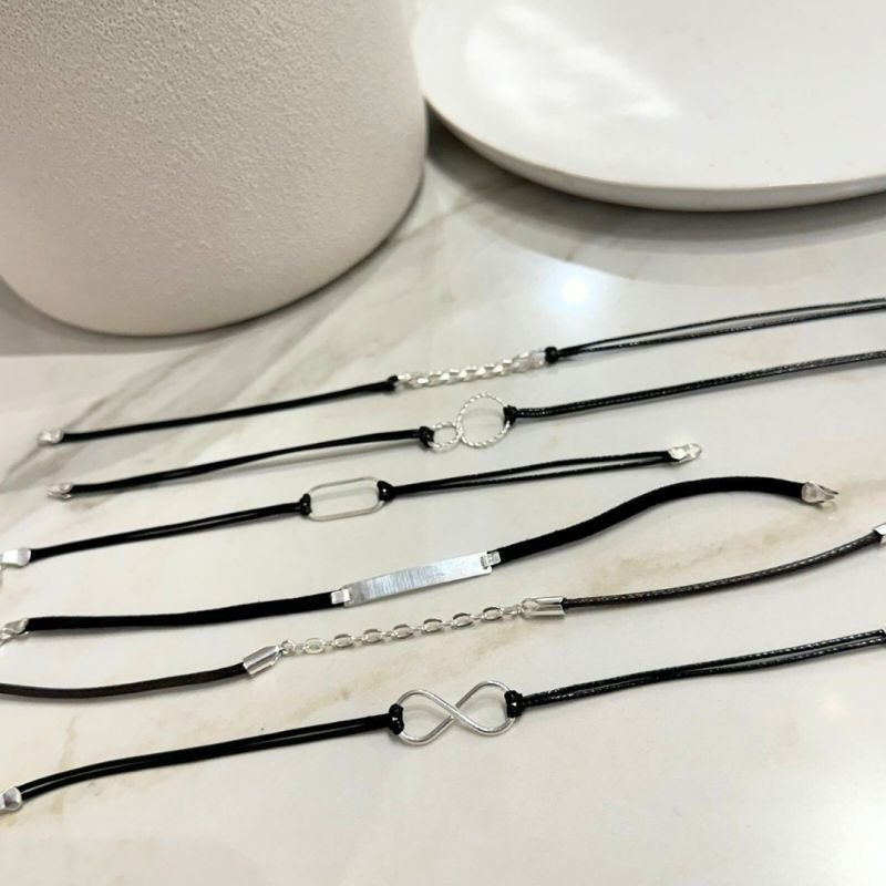 Pulseira Prata 20cm Corrente Grume C/couro