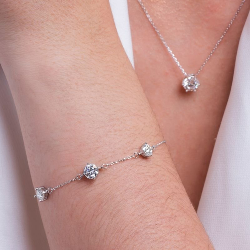 Pulseira Prata C/ Banho De Ródio 16+4cm 2 Redondos 5mm 1 Redondo 6mm Moissanite