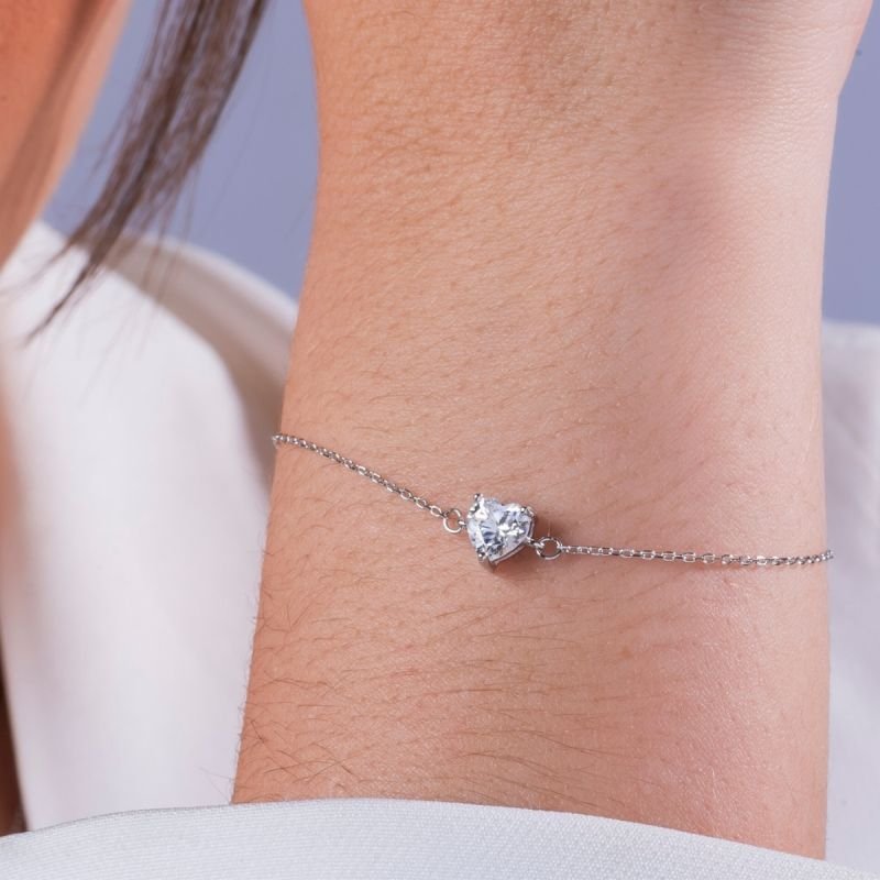 Pulseira Prata C/ Banho De Ródio 16+4cm Elo Mini Coração 6mm Moissanite